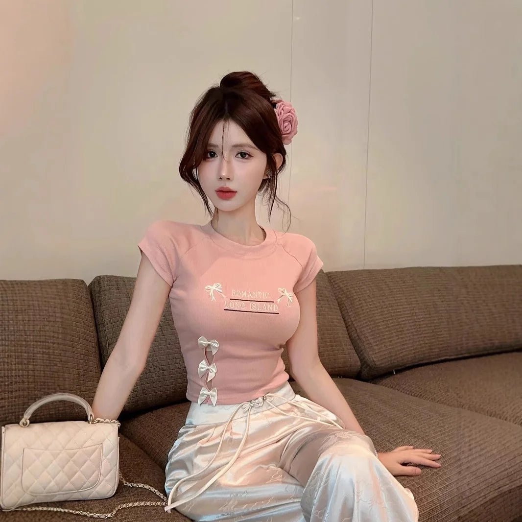 Bow Letter Printed Age - reducing Sweet Short Short - sleeved T-shirt Women's Summer Hollow Spice Girls Navel Design Top - Zeprah