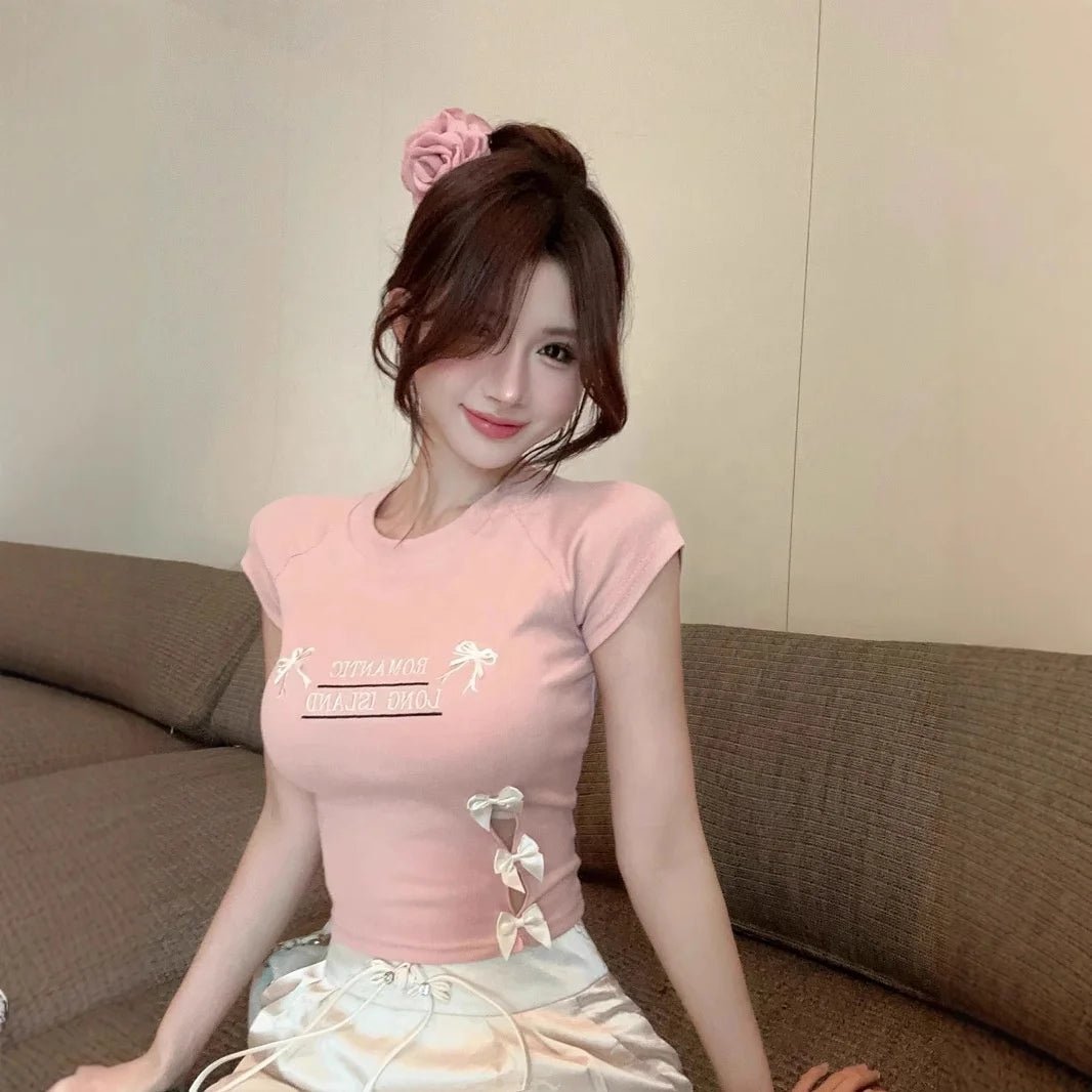 Bow Letter Printed Age - reducing Sweet Short Short - sleeved T-shirt Women's Summer Hollow Spice Girls Navel Design Top - Zeprah