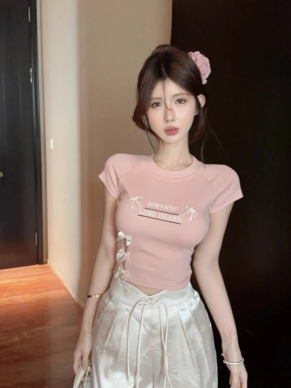 Bow Letter Printed Age - reducing Sweet Short Short - sleeved T-shirt Women's Summer Hollow Spice Girls Navel Design Top - Zeprah