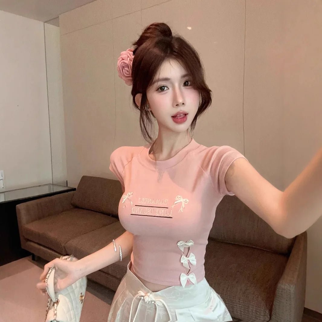 Bow Letter Printed Age - reducing Sweet Short Short - sleeved T-shirt Women's Summer Hollow Spice Girls Navel Design Top - Zeprah