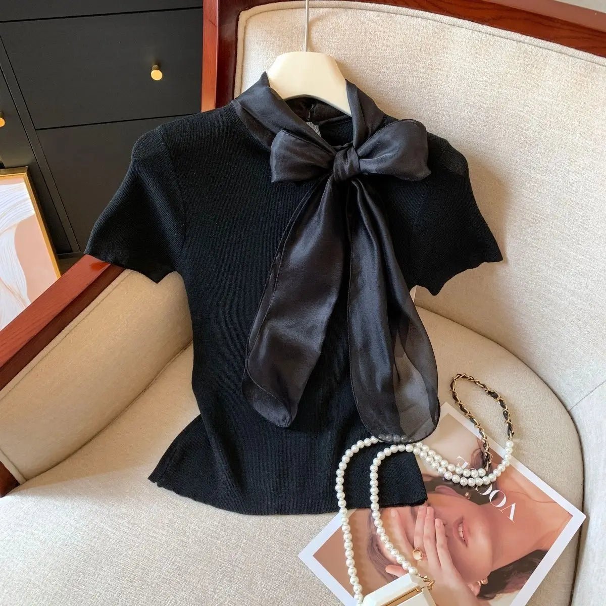 Bow Made of Lacing Short Sleeve Top Elegant Fashionable Tops for Women Simple Best Sale T-shirt for Women - Zeprah