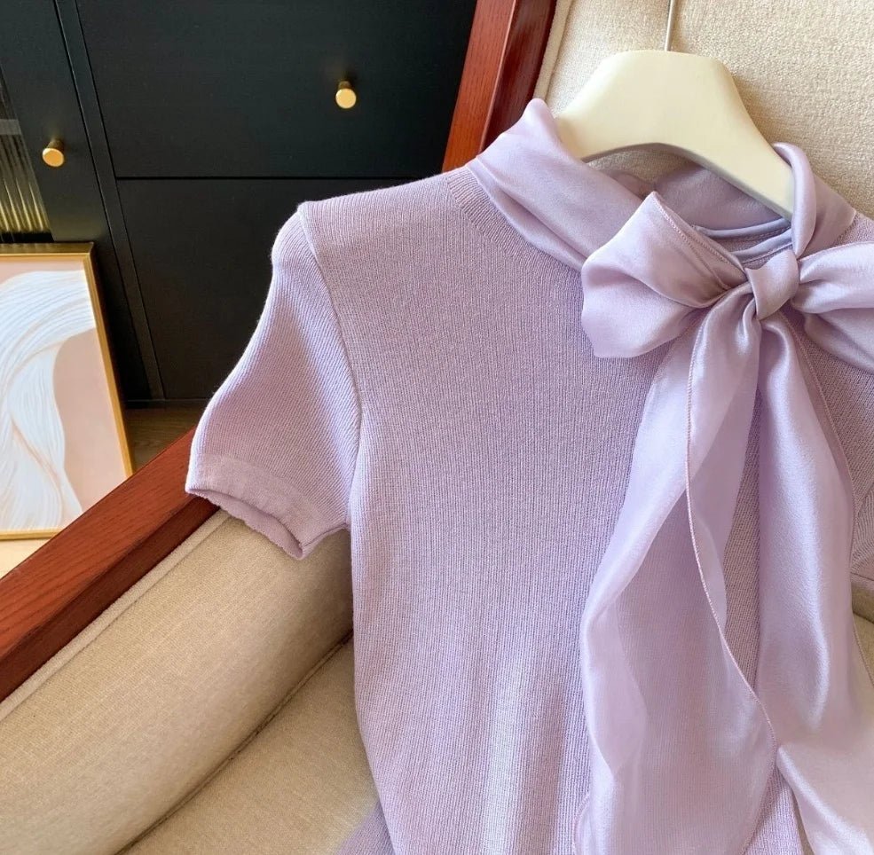 Bow Made of Lacing Short Sleeve Top Elegant Fashionable Tops for Women Simple Best Sale T-shirt for Women - Zeprah