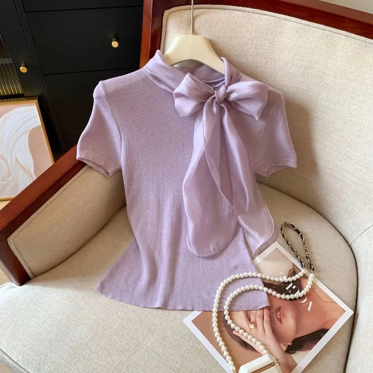 Bow Made of Lacing Short Sleeve Top Elegant Fashionable Tops for Women Simple Best Sale T-shirt for Women - Zeprah