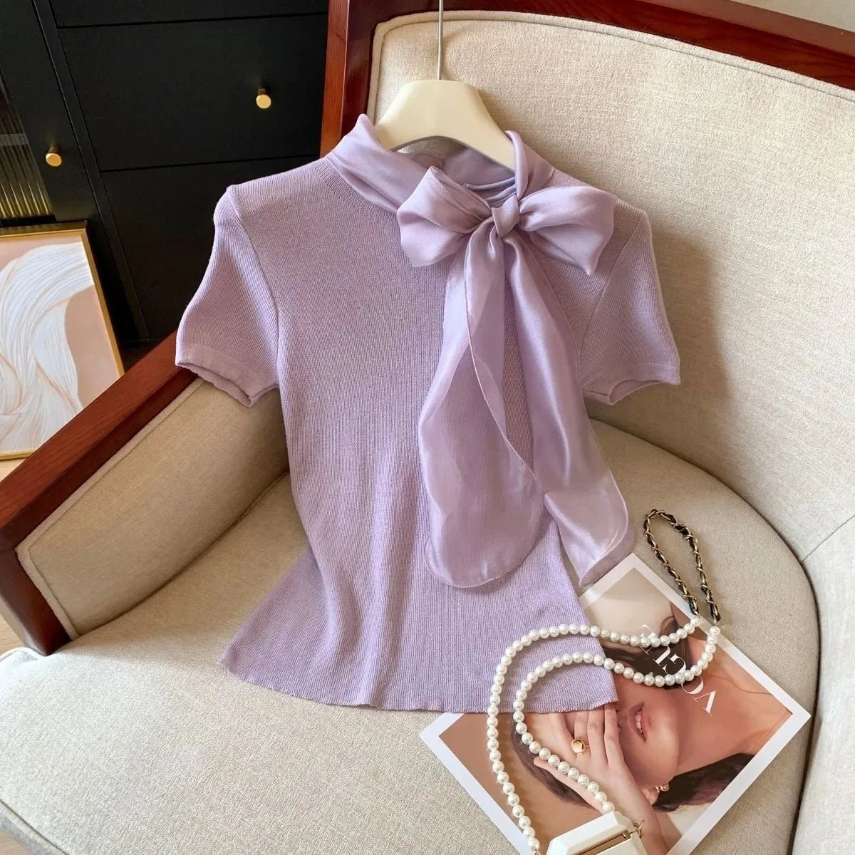 Bow Made of Lacing Short Sleeve Top Elegant Fashionable Tops for Women Simple Best Sale T-shirt for Women - Zeprah