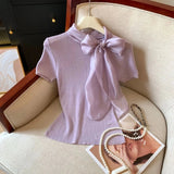 Bow Made of Lacing Short Sleeve Top Elegant Fashionable Tops for Women Simple Best Sale T-shirt for Women - Zeprah