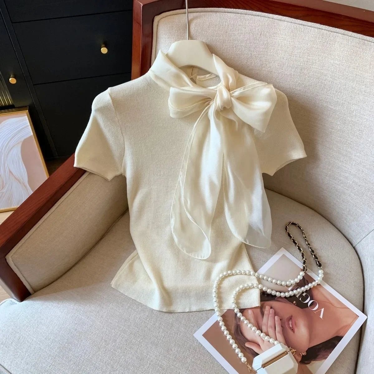 Bow Made of Lacing Short Sleeve Top Elegant Fashionable Tops for Women Simple Best Sale T-shirt for Women - Zeprah