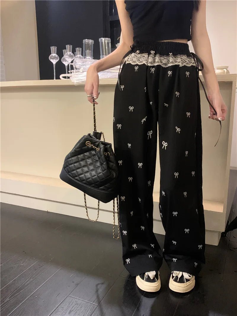 Bow Made of Lacing Wide - Leg Trousers Lace up Casual Straight - Leg Trousers Hot Girl Style Bowknot Slacks - Zeprah