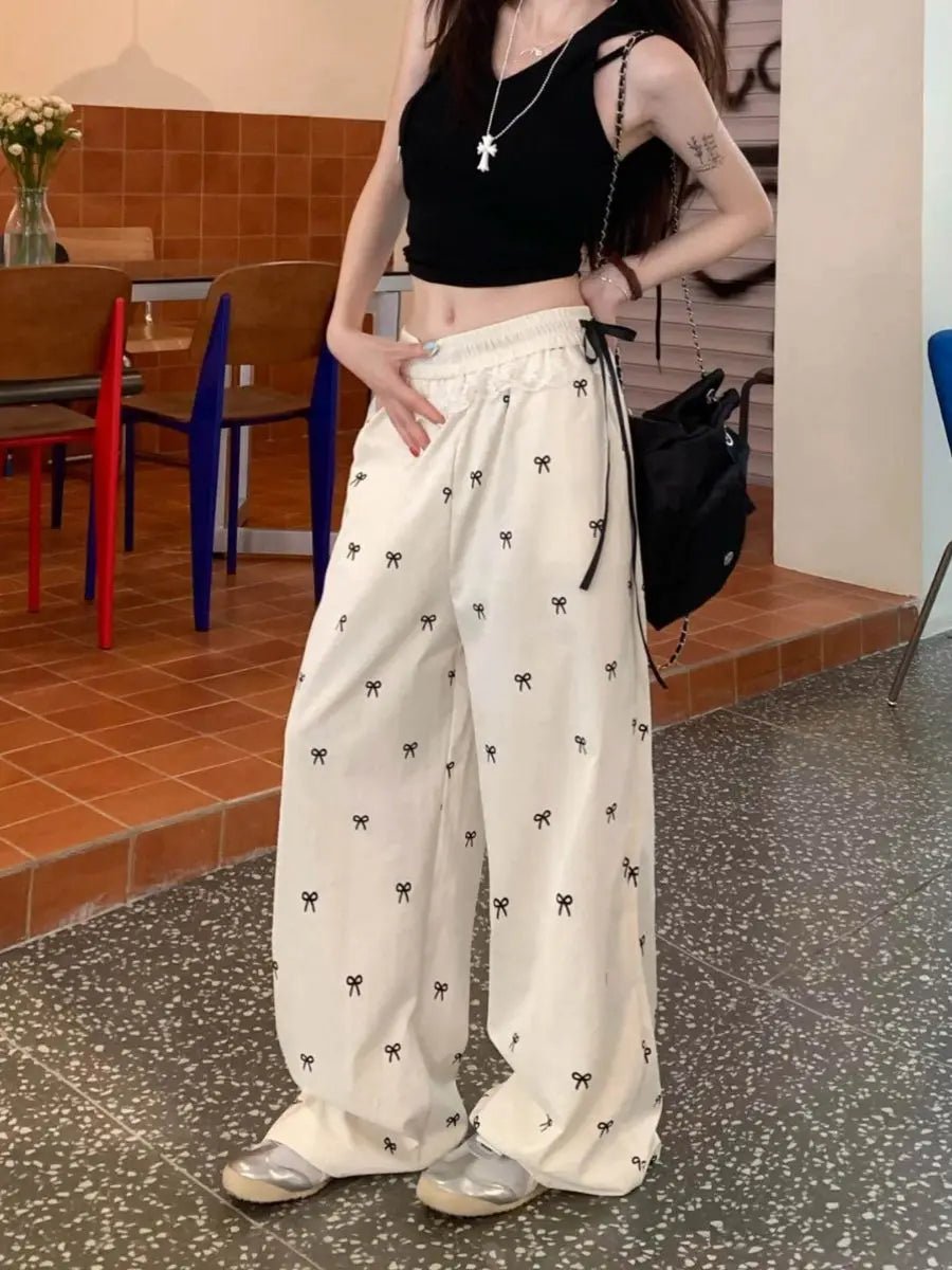 Bow Made of Lacing Wide - Leg Trousers Lace up Casual Straight - Leg Trousers Hot Girl Style Bowknot Slacks - Zeprah