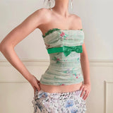 Breathable Christmas Strapless Tank Tops Sweetheart Neck Bow Lace Floral Print Knitted Splicing Sexy Bodycon Corset - Zeprah