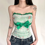 Breathable Christmas Strapless Tank Tops Sweetheart Neck Bow Lace Floral Print Knitted Splicing Sexy Bodycon Corset - Zeprah