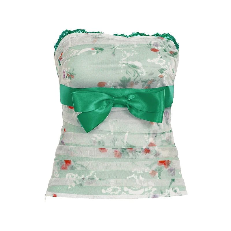 Breathable Christmas Strapless Tank Tops Sweetheart Neck Bow Lace Floral Print Knitted Splicing Sexy Bodycon Corset - Zeprah