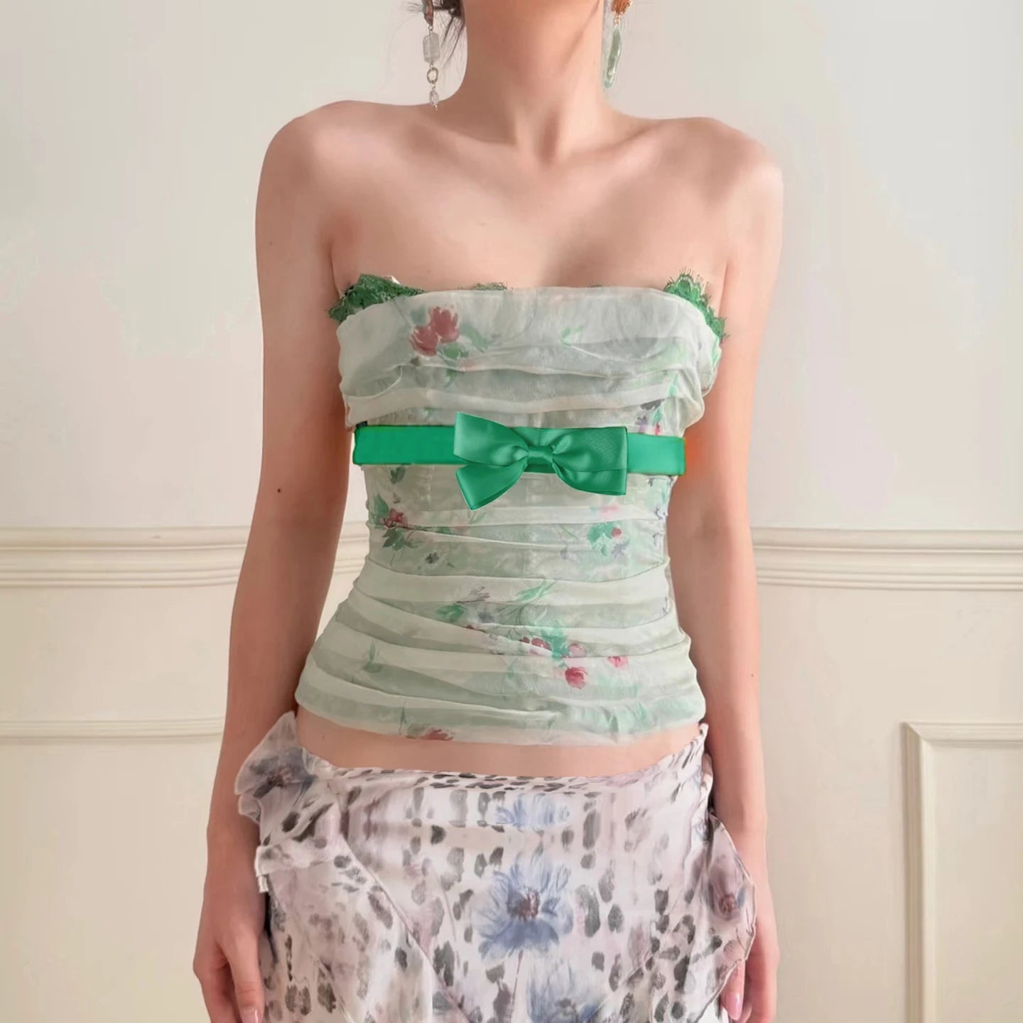 Breathable Christmas Strapless Tank Tops Sweetheart Neck Bow Lace Floral Print Knitted Splicing Sexy Bodycon Corset - Zeprah