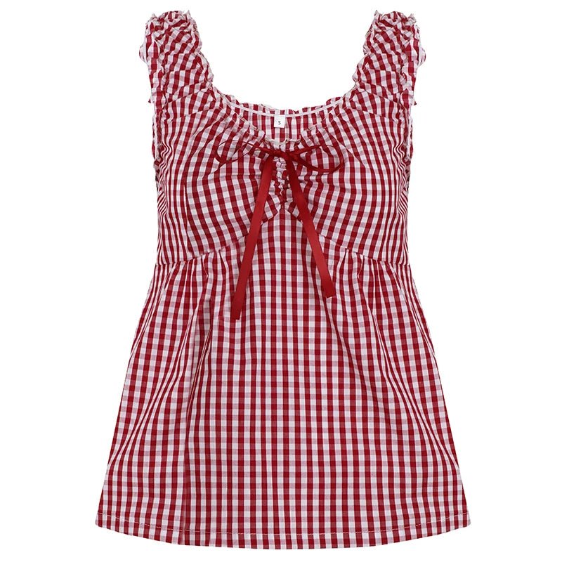 Breathable Eco - Friendly 100% Polyester Woven Gingham Halter Top High Waist Sleeveless Bralette Contrast Bow Yoke Sweet Summer - Zeprah