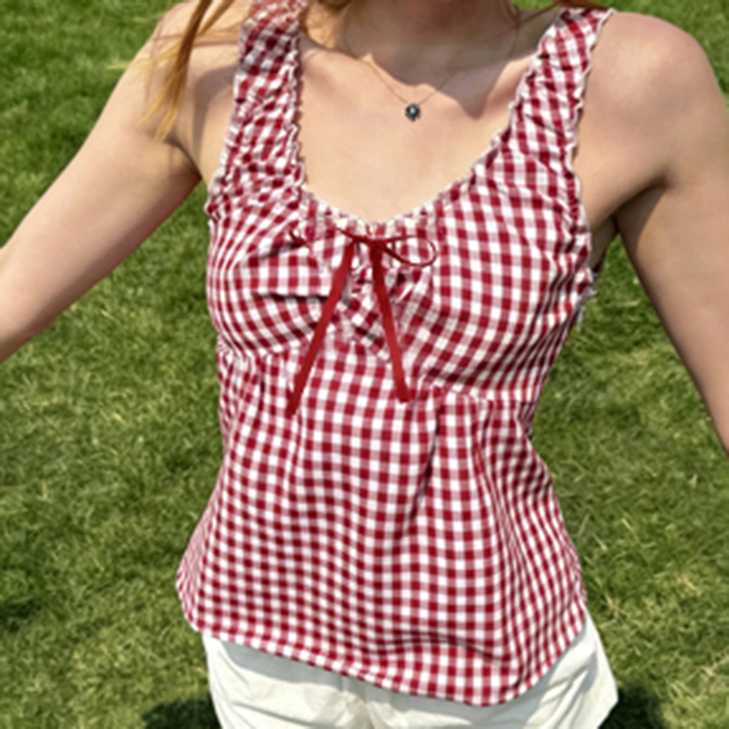 Breathable Eco - Friendly 100% Polyester Woven Gingham Halter Top High Waist Sleeveless Bralette Contrast Bow Yoke Sweet Summer - Zeprah