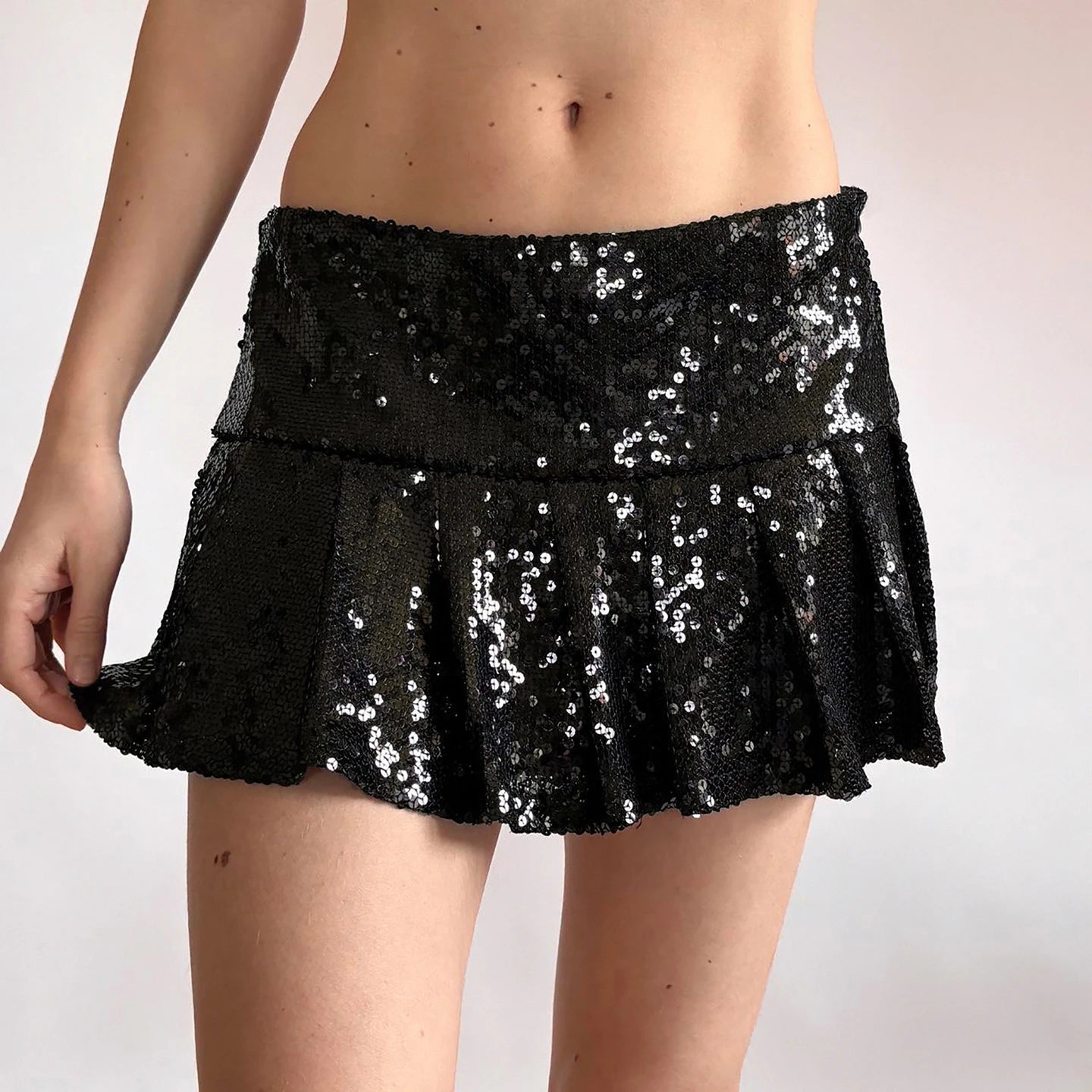 Breathable Eco - Friendly Sequin Mini Skirt Built - in Shorts Dropped Waist A - Line Pleated Design Plain Dyed Summer Stage DJ 100% - Zeprah