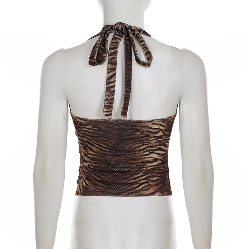 Breathable Eco - Friendly Spandex/Polyester Knitted Halter V - Neck Cami Digital Printed Animal Print Deep V - Tie Front Top - Zeprah