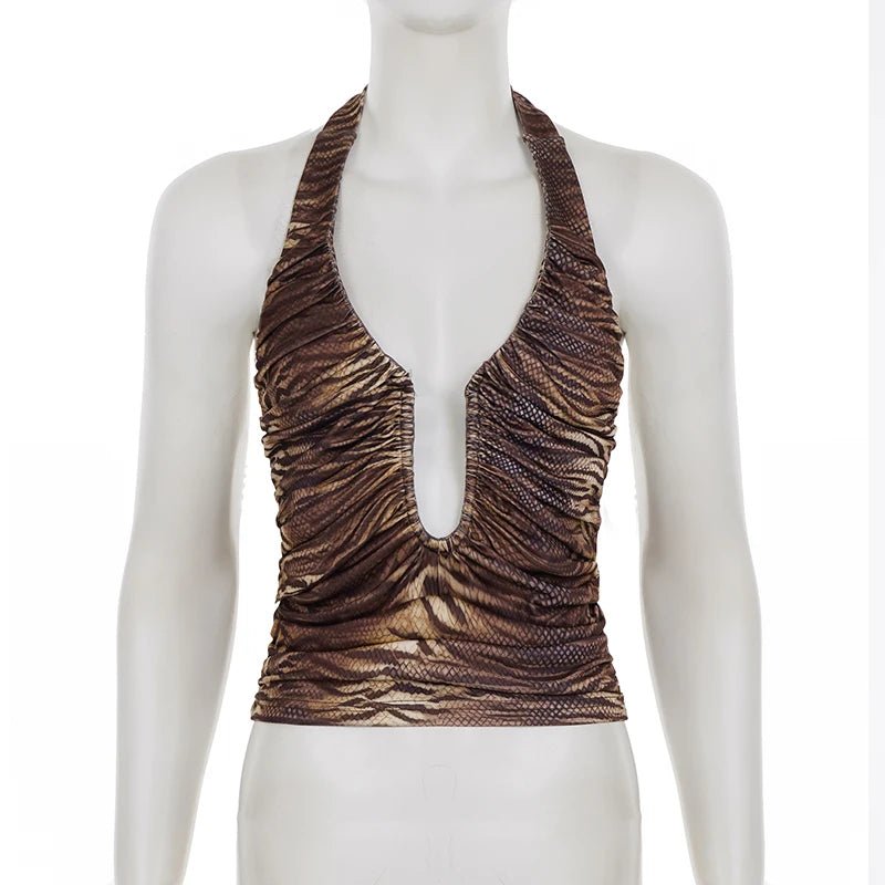 Breathable Eco - Friendly Spandex/Polyester Knitted Halter V - Neck Cami Digital Printed Animal Print Deep V - Tie Front Top - Zeprah