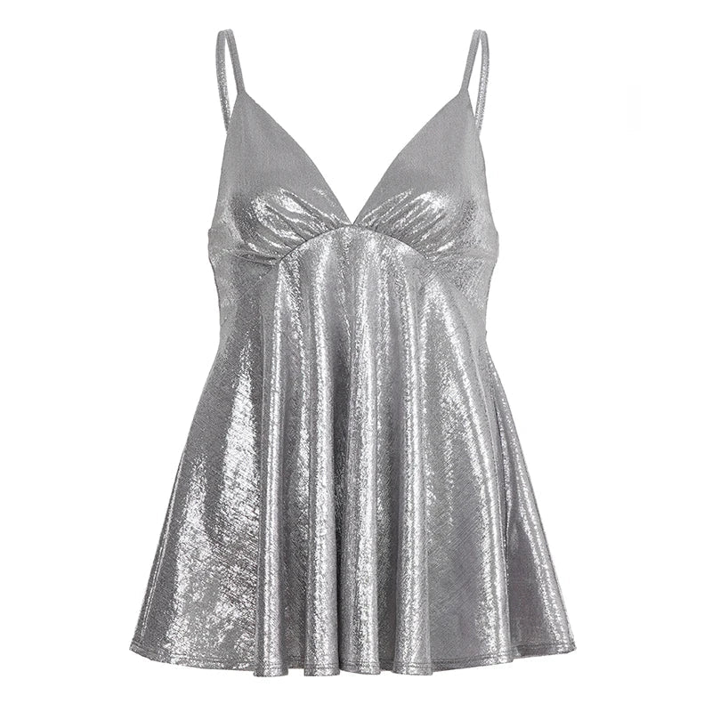 Breathable Knitted Sweet Sparkling Deep V Cami Top Sexy Shiny High Waist Slimming Babydoll Blouse Clubwear - Zeprah