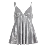Breathable Knitted Sweet Sparkling Deep V Cami Top Sexy Shiny High Waist Slimming Babydoll Blouse Clubwear - Zeprah