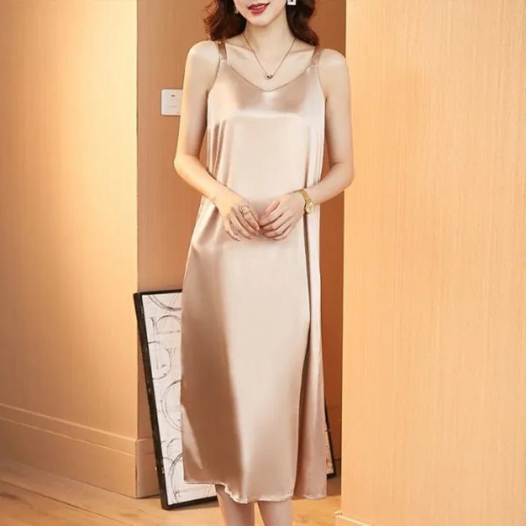 Breathable Solid Front Polyester Satin Camisole Dress for Women Full Length Summer Inner Layer Dress Women's Pajamas - Zeprah