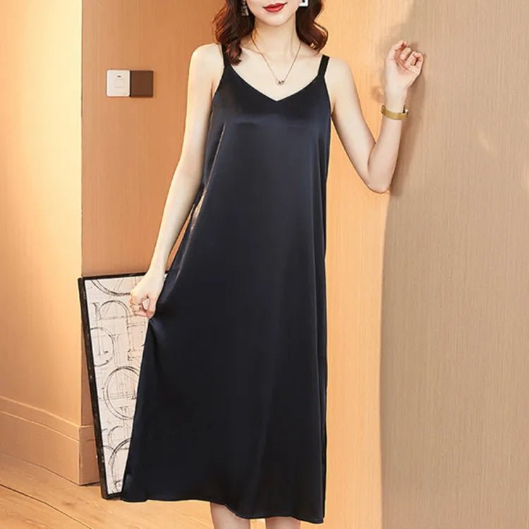 Breathable Solid Front Polyester Satin Camisole Dress for Women Full Length Summer Inner Layer Dress Women's Pajamas - Zeprah