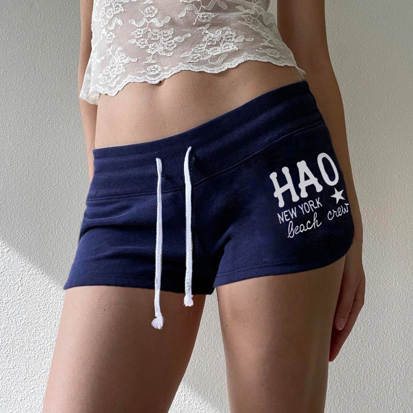 Breathable Washed Belt Low Rise Athletic Drawstring Shorts Women Letter Print Color Block Casual Workout - Zeprah