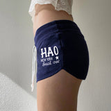 Breathable Washed Belt Low Rise Athletic Drawstring Shorts Women Letter Print Color Block Casual Workout - Zeprah