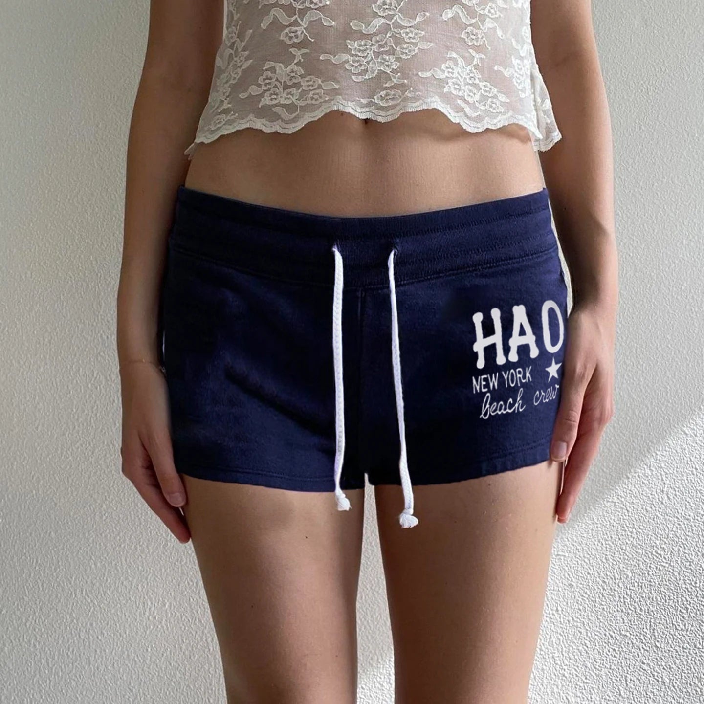 Breathable Washed Belt Low Rise Athletic Drawstring Shorts Women Letter Print Color Block Casual Workout - Zeprah