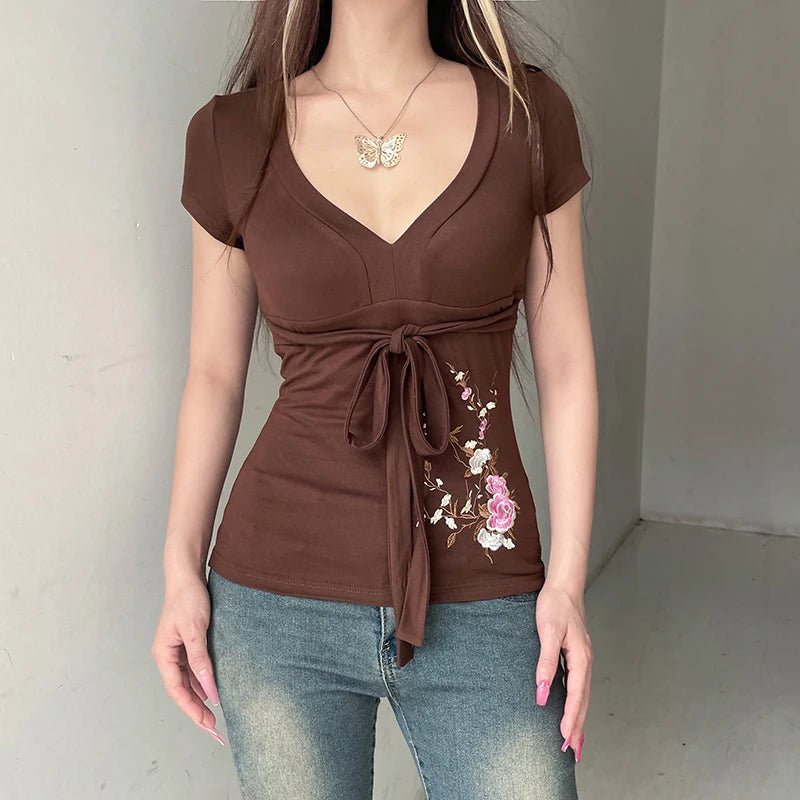 Brown Eco - Friendly Vintage Tie - Front V - Neck Floral T-Shirt New Chinese Embroidery Knit Top Stretch Comfort Fit Women's Blouse - Zeprah
