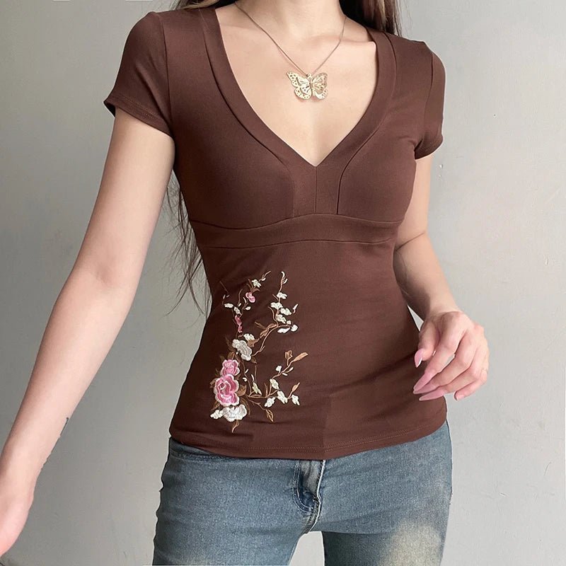 Brown Eco - Friendly Vintage Tie - Front V - Neck Floral T-Shirt New Chinese Embroidery Knit Top Stretch Comfort Fit Women's Blouse - Zeprah