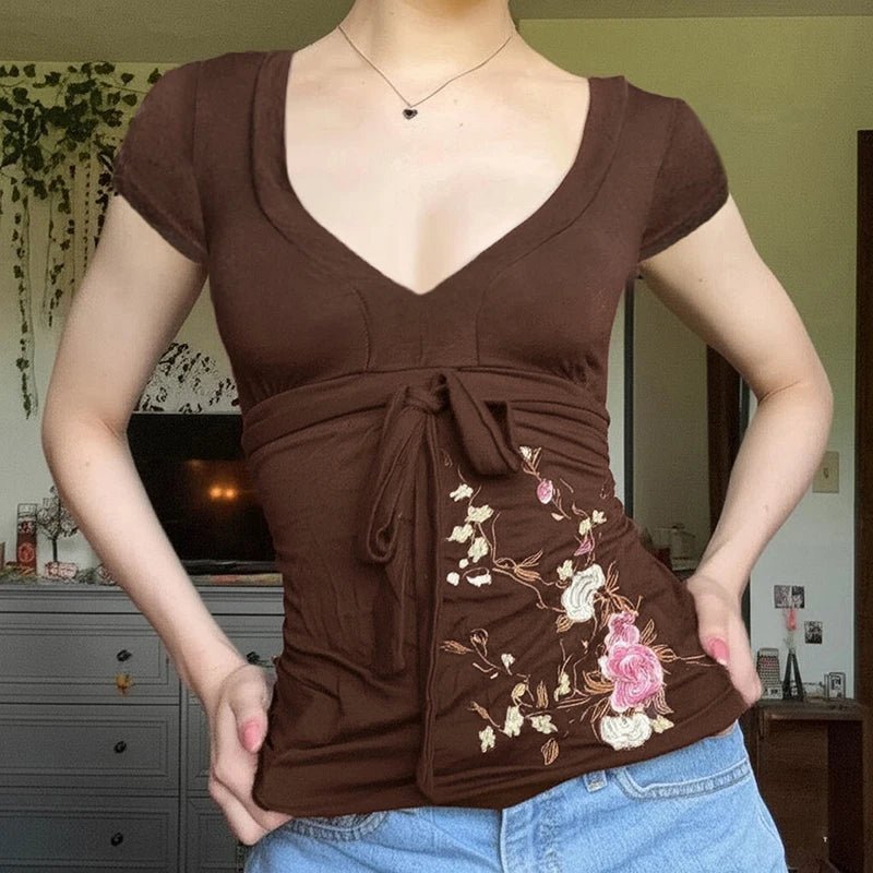 Brown Eco - Friendly Vintage Tie - Front V - Neck Floral T-Shirt New Chinese Embroidery Knit Top Stretch Comfort Fit Women's Blouse - Zeprah