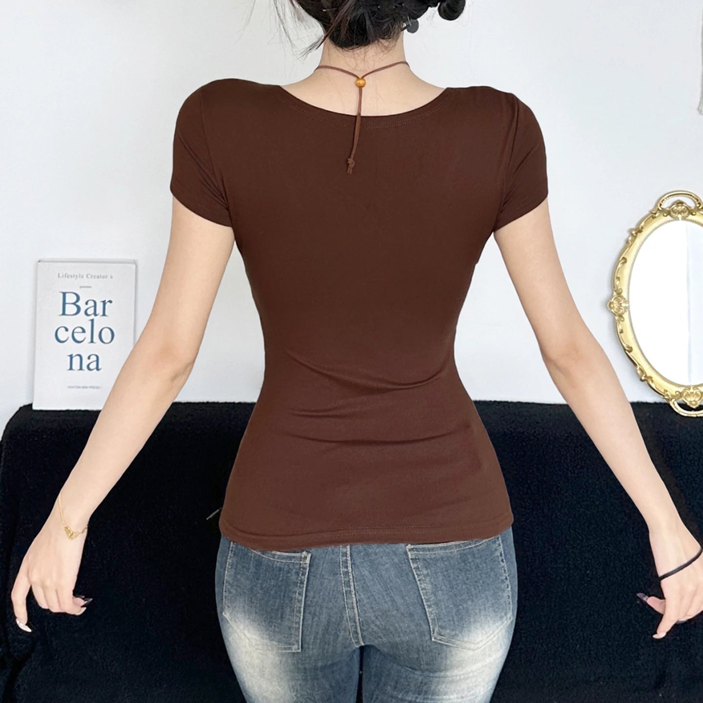 Brown Eco - Friendly Vintage Tie - Front V - Neck Floral T-Shirt New Chinese Embroidery Knit Top Stretch Comfort Fit Women's Blouse - Zeprah