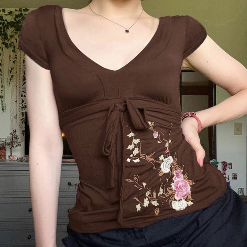 Brown Eco - Friendly Vintage Tie - Front V - Neck Floral T-Shirt New Chinese Embroidery Knit Top Stretch Comfort Fit Women's Blouse - Zeprah