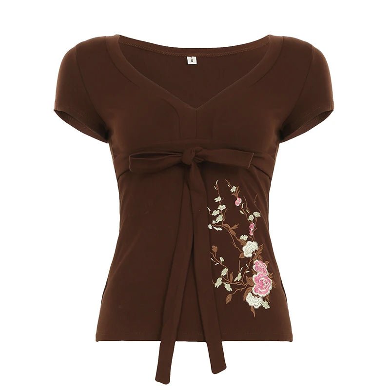 Brown Eco - Friendly Vintage Tie - Front V - Neck Floral T-Shirt New Chinese Embroidery Knit Top Stretch Comfort Fit Women's Blouse - Zeprah