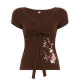 Brown Eco - Friendly Vintage Tie - Front V - Neck Floral T-Shirt New Chinese Embroidery Knit Top Stretch Comfort Fit Women's Blouse - Zeprah