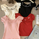 Build in Bra Sweet Ear Edge Contrast Color Crewneck Top Summer Pure Desire Spice Girls Bow Short Sleeve Shoulder T-Shirt - Zeprah