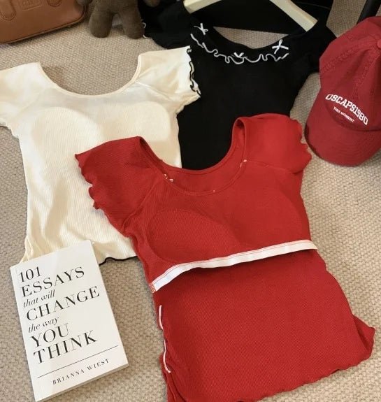 Build in Bra Sweet Ear Edge Contrast Color Crewneck Top Summer Pure Desire Spice Girls Bow Short Sleeve Shoulder T-Shirt - Zeprah