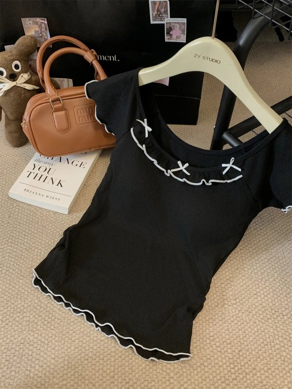 Build in Bra Sweet Ear Edge Contrast Color Crewneck Top Summer Pure Desire Spice Girls Bow Short Sleeve Shoulder T-Shirt - Zeprah