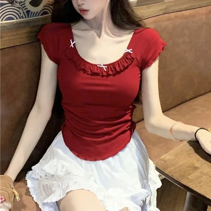 Build in Bra Sweet Ear Edge Contrast Color Crewneck Top Summer Pure Desire Spice Girls Bow Short Sleeve Shoulder T-Shirt - Zeprah