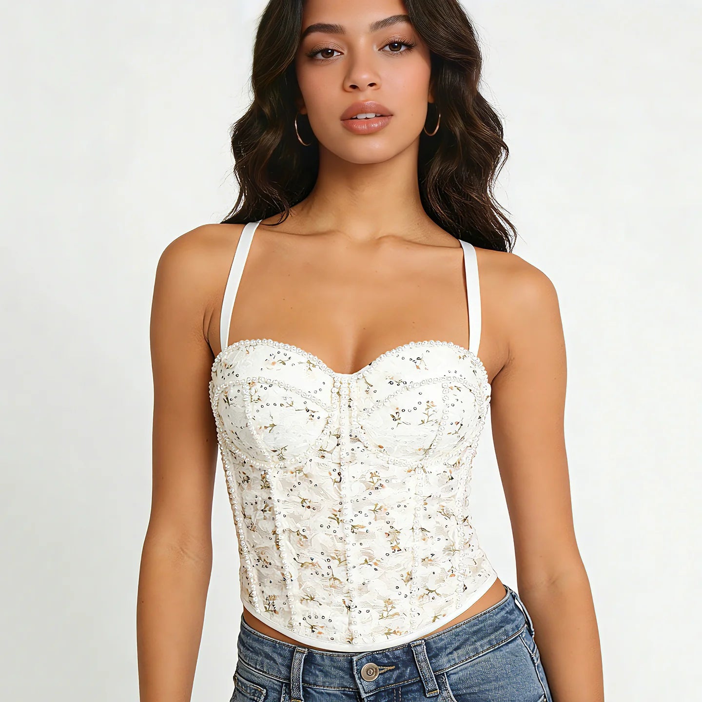 Bustier Top for Women Built - in Bra Padded Wire - Free Waist Cincher Floral Pearl Sequin Breathable Romantic Outerwear - Zeprah