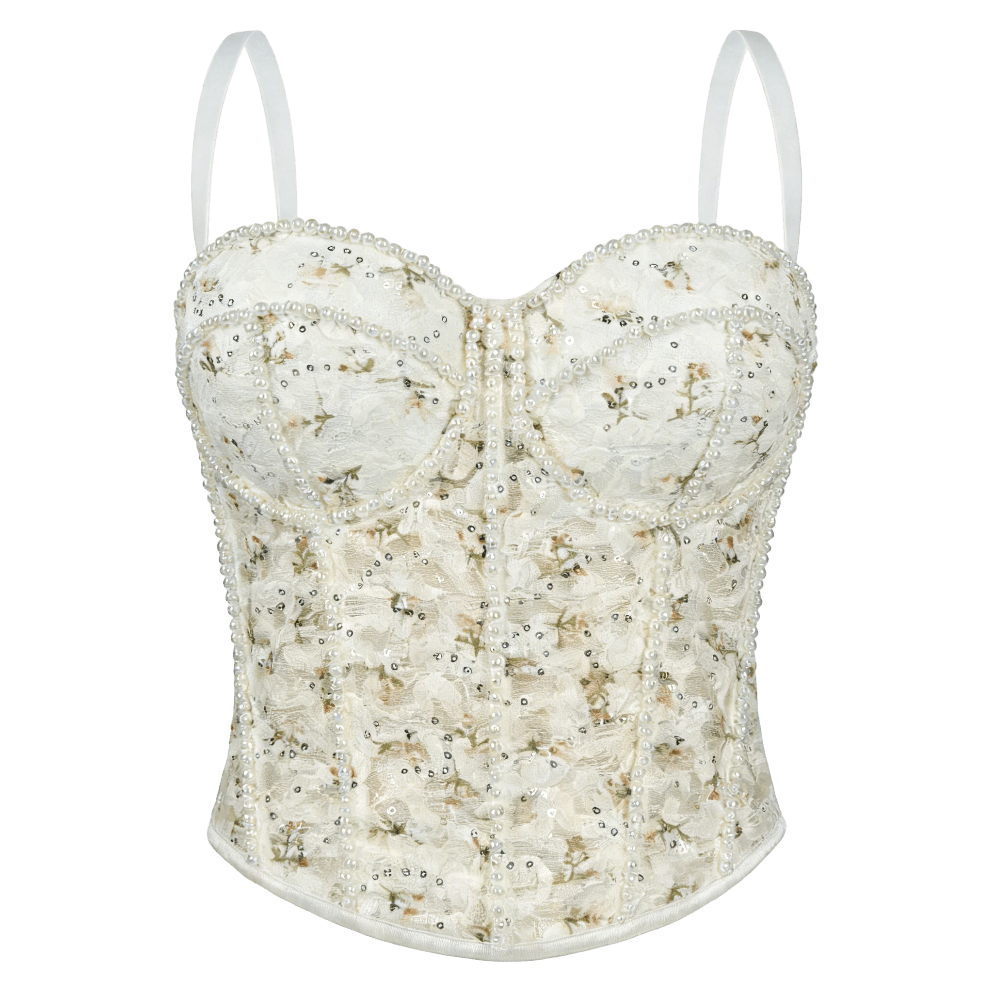 Bustier Top for Women Built - in Bra Padded Wire - Free Waist Cincher Floral Pearl Sequin Breathable Romantic Outerwear - Zeprah