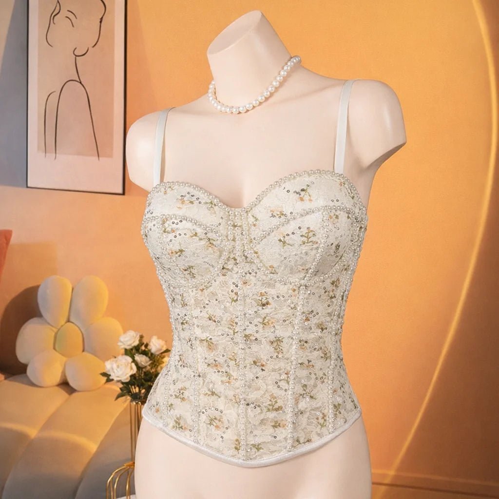 Bustier Top for Women Built - in Bra Padded Wire - Free Waist Cincher Floral Pearl Sequin Breathable Romantic Outerwear - Zeprah