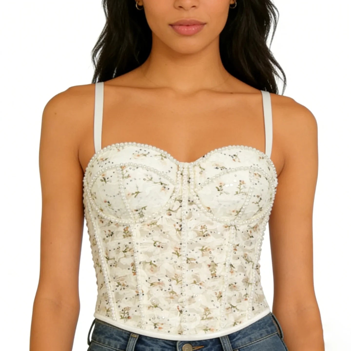 Bustier Top for Women Built - in Bra Padded Wire - Free Waist Cincher Floral Pearl Sequin Breathable Romantic Outerwear - Zeprah