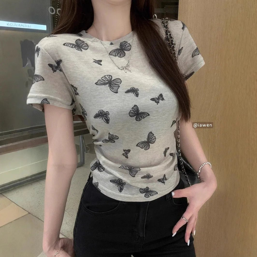 Butterfly Print Women's T-shirts Hot - selling Round Neck Tops for Women Fashionable T-shirt - Zeprah