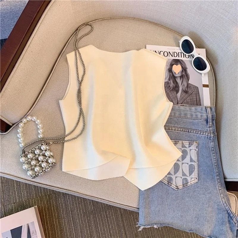 Button Sleeveless Tops V - neck Going Out Tops Knitted Cropped tank - Zeprah