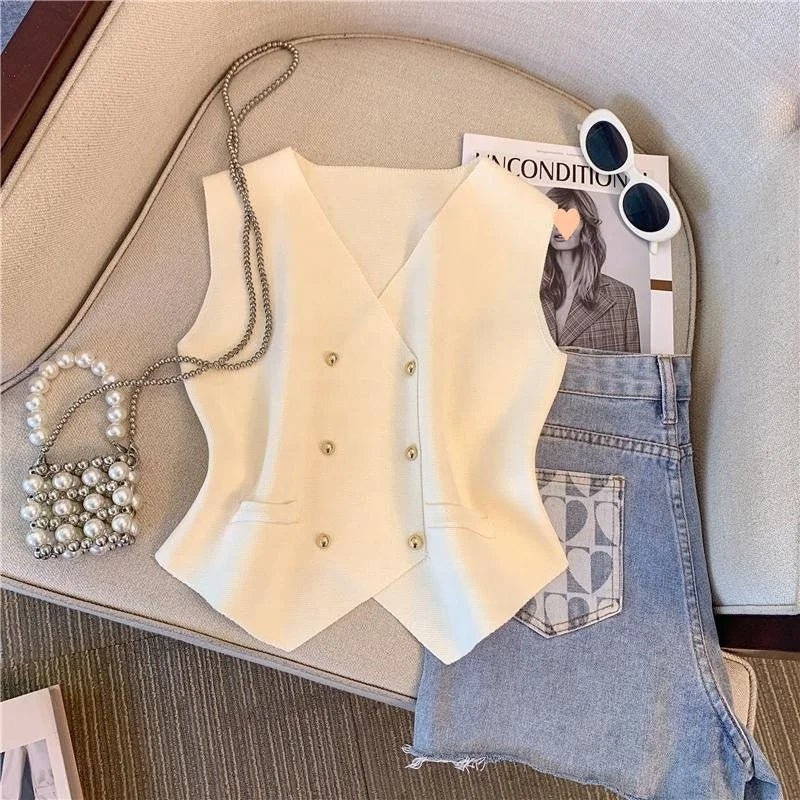 Button Sleeveless Tops V - neck Going Out Tops Knitted Cropped tank - Zeprah
