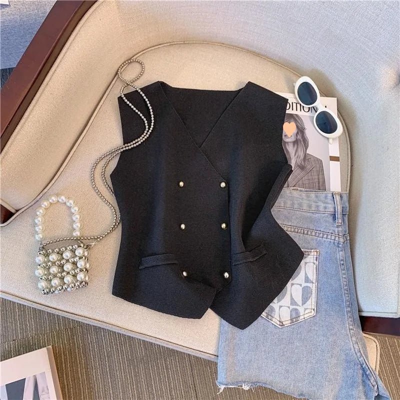 Button Sleeveless Tops V - neck Going Out Tops Knitted Cropped tank - Zeprah