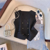 Button Sleeveless Tops V - neck Going Out Tops Knitted Cropped tank - Zeprah
