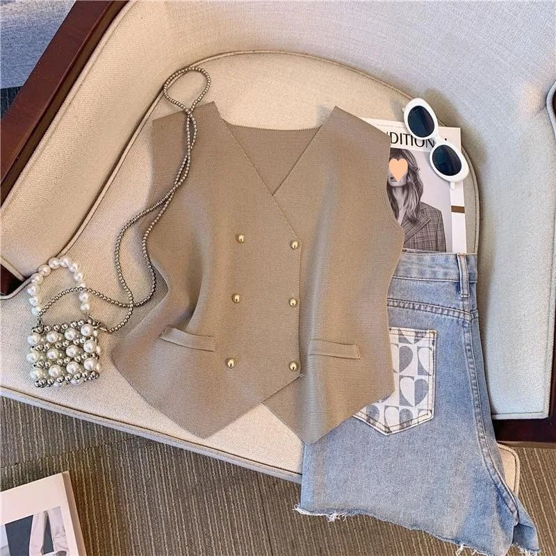 Button Sleeveless Tops V - neck Going Out Tops Knitted Cropped tank - Zeprah