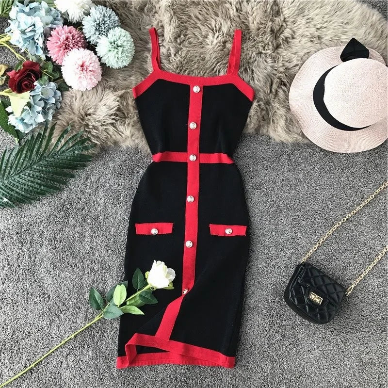 Button Square Collar Slim - fit Sheath Dress Package Hip Skirt - Zeprah